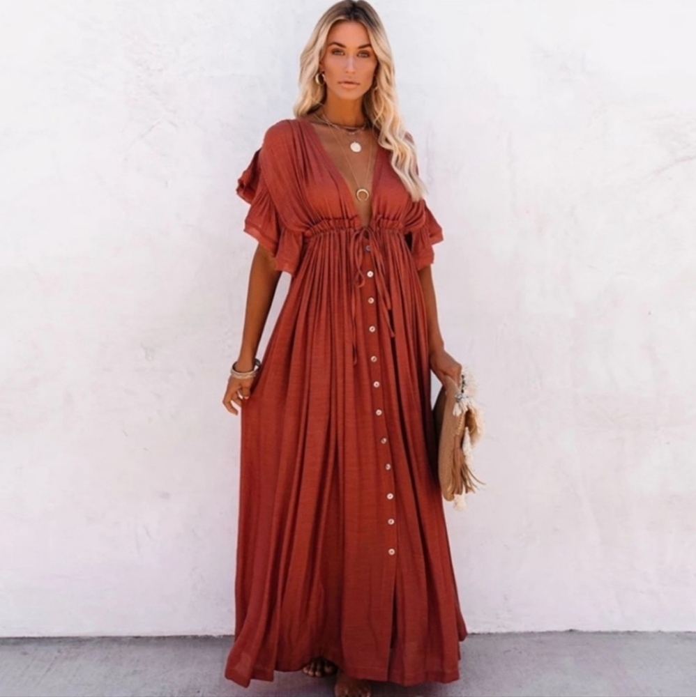NEW Boho Chic Maxi Deep Plunge Cover Up Dress Gauze Rust Copper Red Orange - Picture 7 of 13